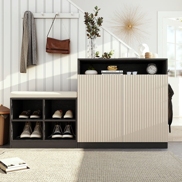 English Elm U_style Entryway Console Set with Wavy Doors Cushioned Bench and Adjustable Shoe Storage N711P345166B