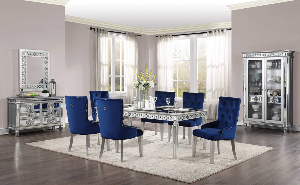 English Elm Blue Tufted Side Chair with High Back, Plush Padded Blue Fabric & Antique Platinum Finish for Elegant Dining Comfort and Support B062P215507