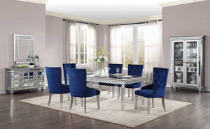English Elm Blue Tufted Side Chair with High Back, Plush Padded Blue Fabric & Antique Platinum Finish for Elegant Dining Comfort and Support B062P215507