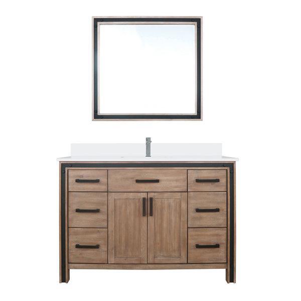 English Elm Rustic Barnwood 48" Bath Vanity with White Quartz Top, Chrome Faucet, 34" Mirror, Scratch-Resist Durable B2731S01347