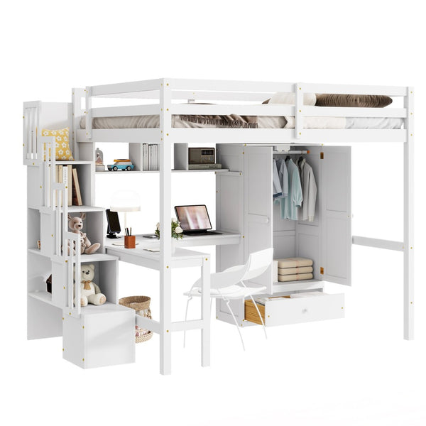 English Elm Twin Over Full Bunk Bed Solid Pine Frame with Built-in Slide and Storage Staircase White W504S00264