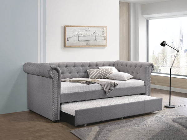 English Elm Justice Smoke Gray Chesterfield Daybed w/Trundle Twin, Button-Tufted Upholstered Frame, Nailhead Trim B2726S00324