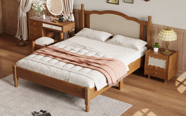 English Elm Queen Arched Rattan Headboard Platform Bed Matte Pine Frame No Box Spring Needed Walnut N733P180013D