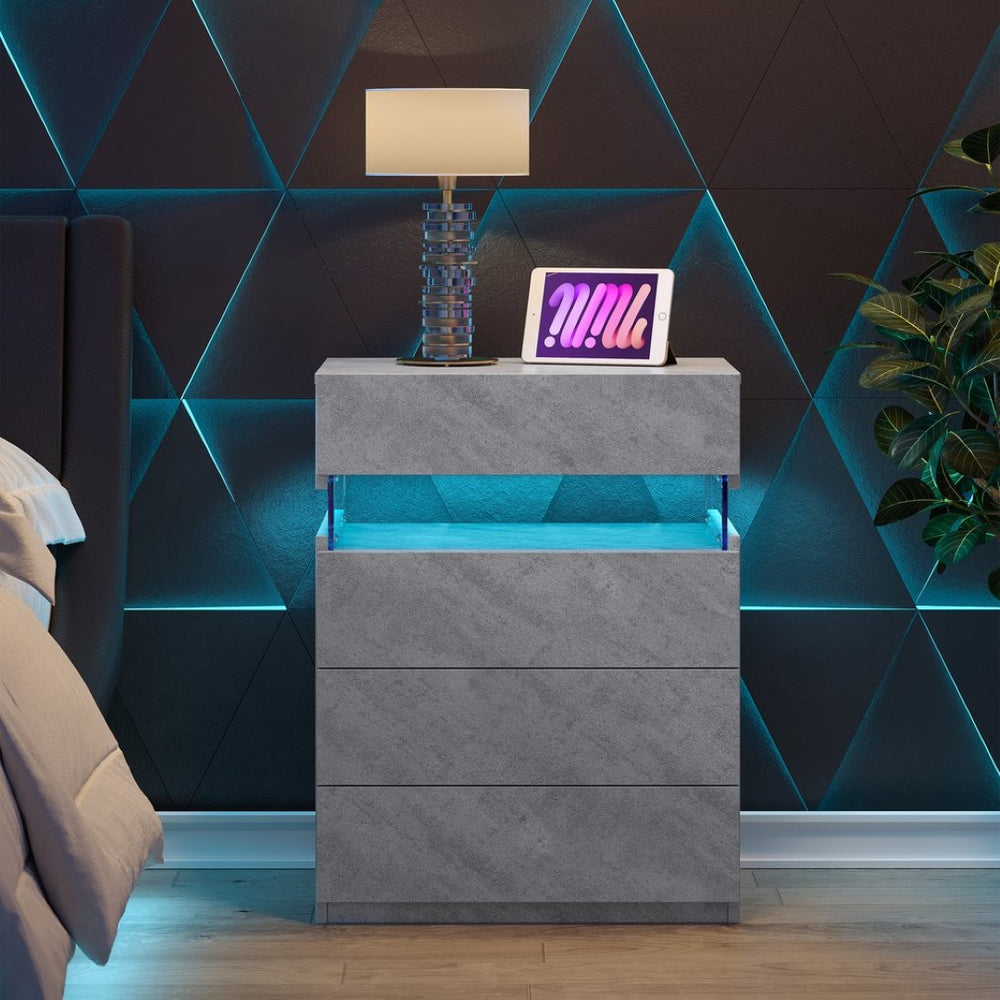 English Elm Nightstand with Led Backlighting Acrylic Panel Four Drawers Modern Bedroom Side Table Grey W2178P246214
