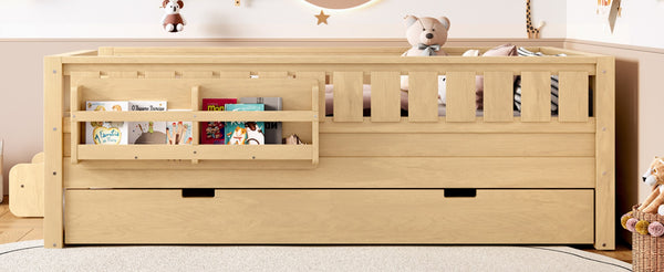 English Elm Twin Kids Platform Bed with Trundle Staircase Bookshelf and Rounded Safety Rails Light Natural W1580S00557