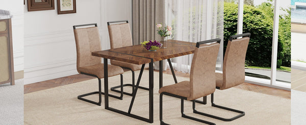 English Elm Table Retro Dining Set With Fishbone Mdf Top & 4 Brown Fabric Chairs - Modern, Stylish, Durable W1151S03140-GIGA
