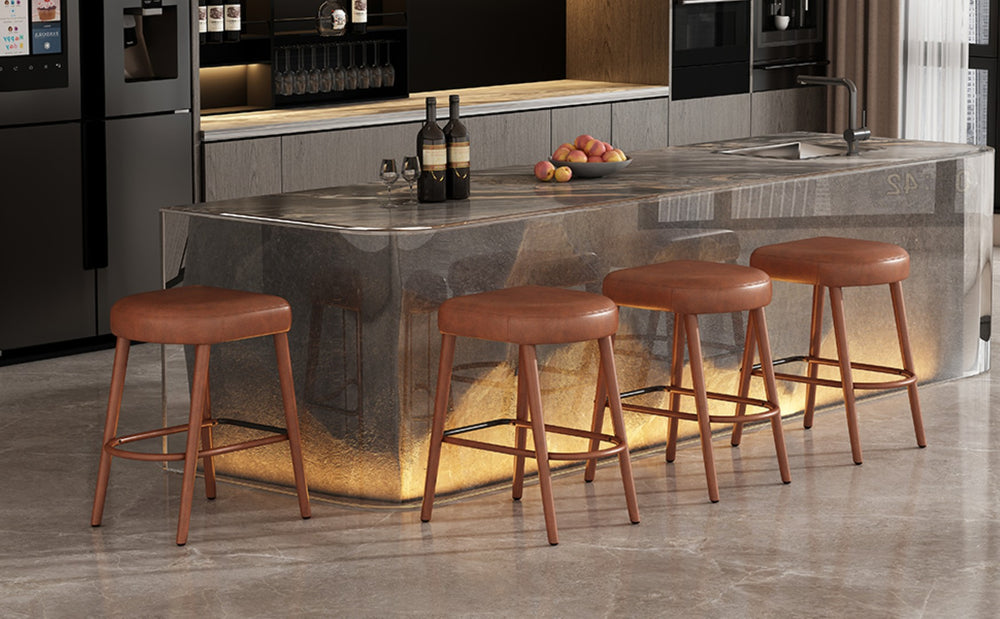 English Elm Backless Blue Fabric Upholstered Counter Stools Set of Two with Padded Seat Footrest W5096P400683