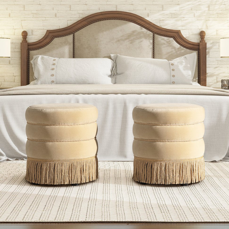 English Elm Jennifer Taylor Home - Edward 17.5" Round Upholstered Ottoman with Bullion Fringe — Vintage Luxe Seat, Footrest & Accent Piece Brown B2719P320843