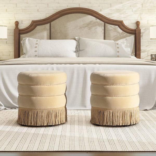 English Elm Jennifer Taylor Home - Edward 17.5" Round Upholstered Ottoman with Bullion Fringe — Vintage Luxe Seat, Footrest & Accent Piece Brown B2719P320843