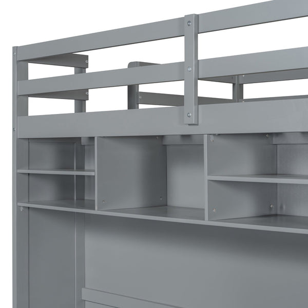 English Elm Full Size Loft Bed with Led Lighting Wardrobe Drawers and Shelves for Teen Rooms Gray LT000499AAE