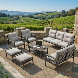 English Elm 7-piece Outdoor Sectional Set Steel Frame 9 Seat Patio Conversation with Cushioned Ottomans Gray B082S00125