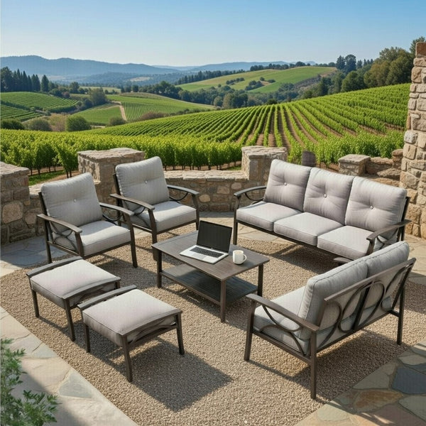 English Elm 7-piece Outdoor Sectional Set Steel Frame 9 Seat Patio Conversation with Cushioned Ottomans Gray B082S00125