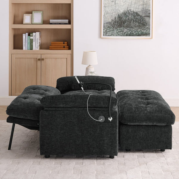 English Elm Leisure Chenille Two Seat Reclining Sofa with Usb Port Storage Ottoman Padded Armrests Black W487S00521