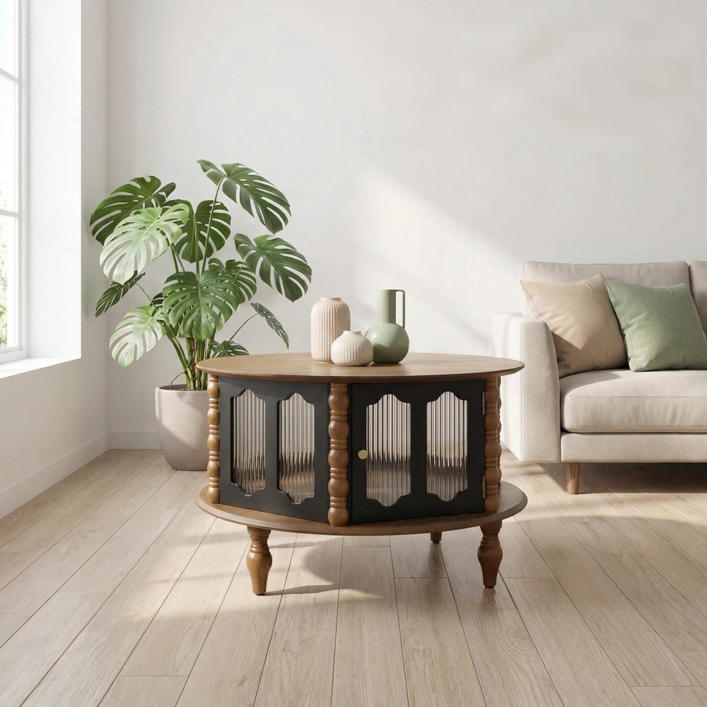 English Elm 31.5-inch Round Carved Wood Coffee Table Vintage Distressed Finish Living Room Accent W3935P406107