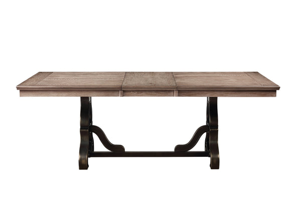 English Elm Nathaniel Maple Finish Dining Table with 18" Extension Leaf, Ornate Trestle Base, 34mm Oak Veneer Top B2726S00257