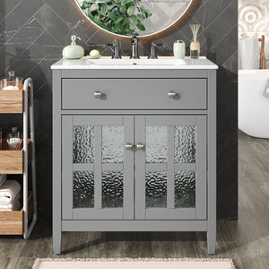 English Elm Christopher Knight Home® - 30" Bathroom Vanity with Ceramic Sink, Solid Wood Legs, Adjustable Shelf, Tip-Out Tray, Soft-Close Hinges, Silver Knobs, Moisture-Resistant Finish Gray N817P286250G