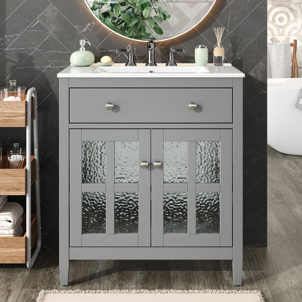 English Elm Christopher Knight Home® - 30" Bathroom Vanity with Ceramic Sink, Solid Wood Legs, Adjustable Shelf, Tip-Out Tray, Soft-Close Hinges, Silver Knobs, Moisture-Resistant Finish Gray N817P286250G