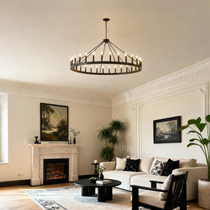 English Elm 53.15 Inch Wagon Wheel Chandelier Matte Black 18 Light Farmhouse Industrial Large Room W5008P388956