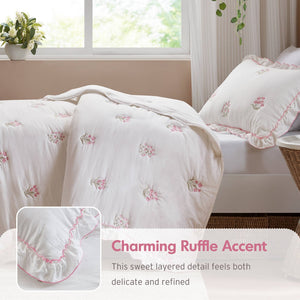 English Elm 2-piece Floral Embroidered Twin Quilt Set Romantic Ruffled Border Soft Down Alternative Fill White+Pink B035P463191