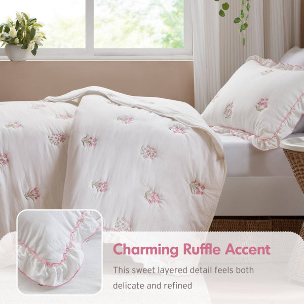 English Elm 2-piece Floral Embroidered Twin Quilt Set Romantic Ruffled Border Soft Down Alternative Fill White+Pink B035P463191