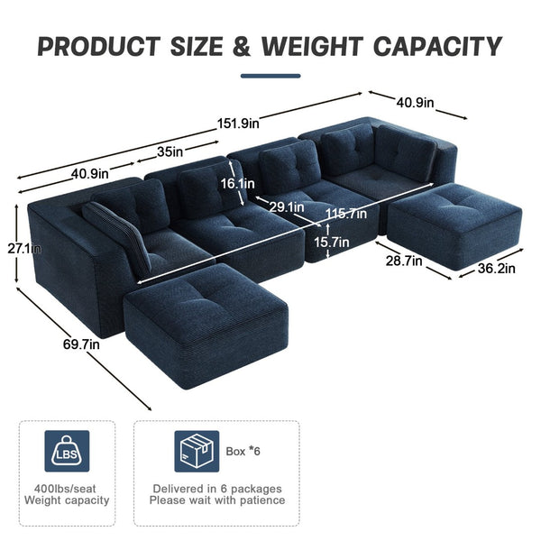 English Elm Modern Corduroy Modular Sectional with Tufted Cushions Two Ottomans Living Room Blue W714S01806