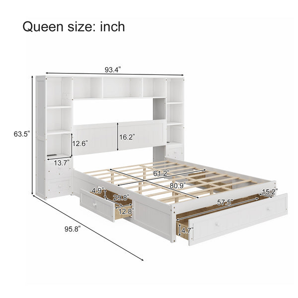 English Elm Queen Pine Wood Platform Bed with Built-In Nightstands, 2 Charging Stations, 3 Drawers & Storage BS701P286275K