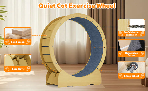 English Elm Cat 42" Exercise Wheel for Indoor Cats - Solid Acacia Wood, Quiet TPE Rollers, Anti-Pinch Design & Lockable Safety W2500P293097
