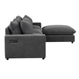 English Elm 128" Sectional Sofa Cloud Sofa Chenille Upholstered Sofa Couch With Movable Ottoman, Comfortable Seat Cushions, Charging Ports and Three Back Pillows For Living Room, Grey