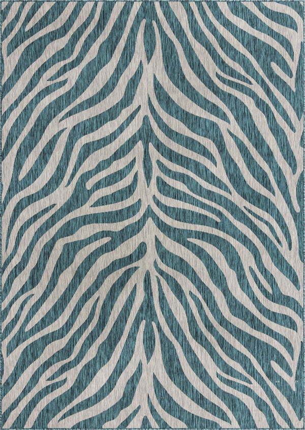 Unique Loom Outdoor Safari Tsavo Machine Made Animal Print Rug Teal, Ivory/Gray 7' 10" x 11' 0"