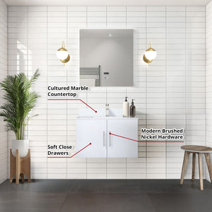English Elm Glossy 30in White Bath Vanity with Cultured Marble Top, Chrome Faucet, Scratch-Resist Countertop, LED Mirror B2731S01308