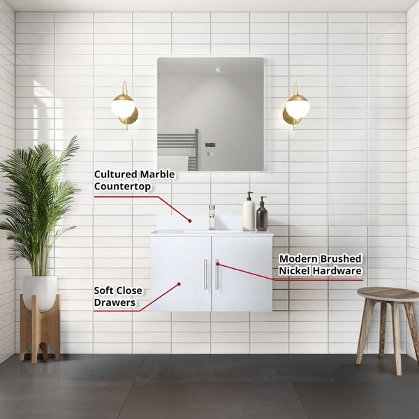 English Elm Glossy 30in White Bath Vanity with Cultured Marble Top, Chrome Faucet, Scratch-Resist Countertop, LED Mirror B2731S01308
