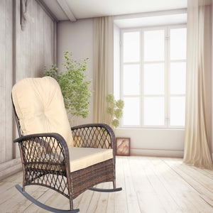 English Elm Outdoor Wicker Rocking Chair with Wide Seat, Thick Removable Cushion, Steel Frame, Weather-Resistant Rocker for Patio Garden Relaxation Brown W209P265093