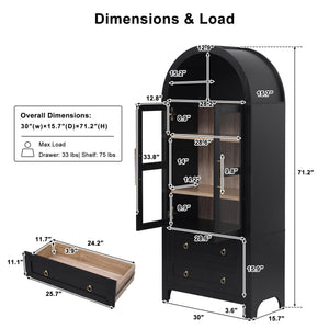 English Elm K&K 71" Arched Kitchen Pantry Cabinet with Glass Doors, Adjustable Shelves, Soft-Close Drawers Black N707P288972B