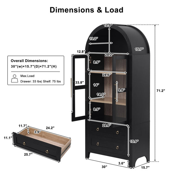 English Elm K&K 71" Arched Kitchen Pantry Cabinet with Glass Doors, Adjustable Shelves, Soft-Close Drawers Black N707P288972B
