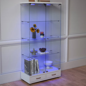 English Elm Modern Glass Display Cabinet With Led Lights & Drawers - Stylish 4-Shelf Storage For Any Room W241S00058