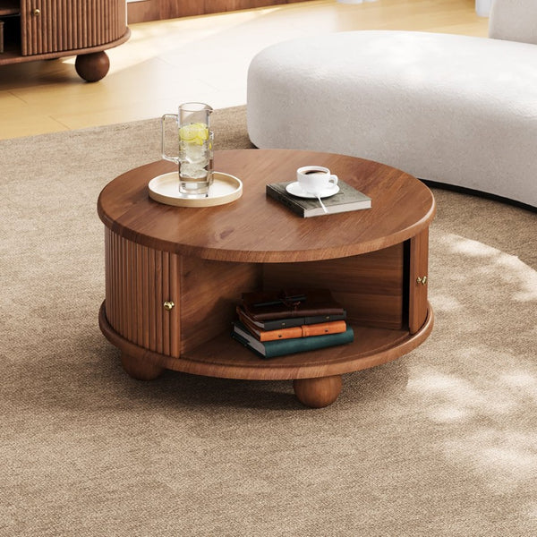 English Elm Round Fluted Pine Wood Coffee Table with Hidden Sliding Door Storage for Living Room Walnut N735P369879D