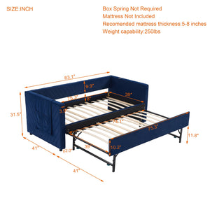 English Elm Twin Velvet Upholstered Daybed with Trundle, V-Pattern Backrest, USB Port, Side Pockets, Sturdy Design Navy W1361S00044