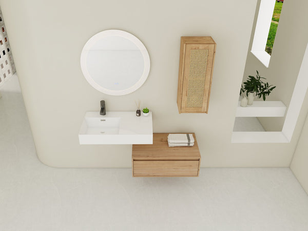 English Elm 30 Inch Wall-Mounted Bathroom Vanity With Soft-Close Drawer & Resin Sink, Space-Saving Design W999S00348