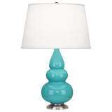 Robert Abbey Egg Blue Small Triple Gourd Accent Lamp Egg Blue Glazed Ceramic with Antique Silver Finished Accents Pearl Dupioni Fabric Shade