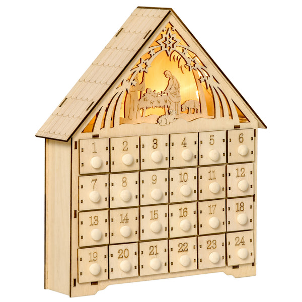 English Elm Homcom Light-Up Wooden Advent Calendar With Nativity Scene, 24 Countdown Drawers For Holiday Cheer W2225P249696