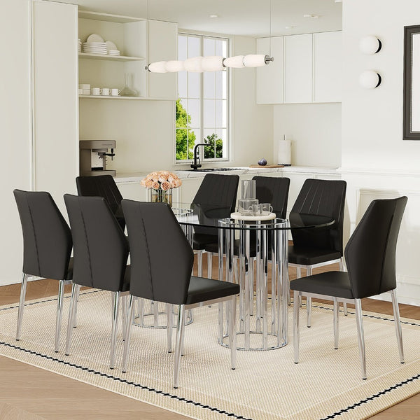 English Elm Table and Chair Set Oval Tempered Glass Top 9 Piece Modern Dining with Pu Seats Black,Silver,Transparent W1151S04741
