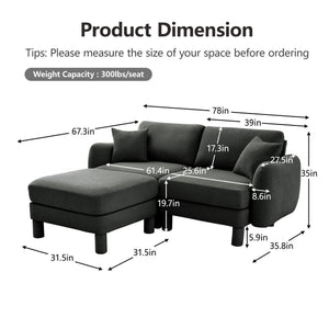 English Elm Boucle Chic 2-Seater Loveseat Sofa With Shell-Shaped Armrests & Removable Ottoman In Dark Gray W3041S00299