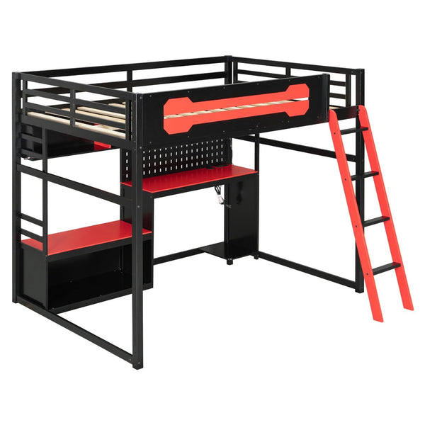 English Elm Full Size Gaming Loft Bed with Built-in Desk Led Lighting Usb Ports and Pegboard Black+Red LT000270AAR