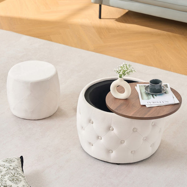 English Elm Ball Cast Round Nesting Ottoman Set Linen Upholstered Hidden Storage with Wooden Tray Beige W3163P379358