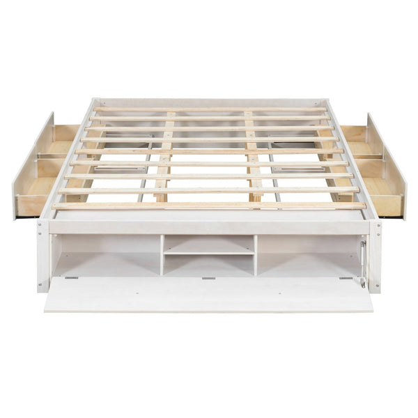 English Elm Queen Platform Storage Bed with Hydraulic Lift Footboard and Four Drawers Antique Finish White LP000139AAK