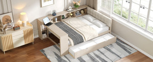 English Elm Wood Twin Platform Bed Linen Headboard Storage Shelves Trundle Charging Station Cream N709P004024C