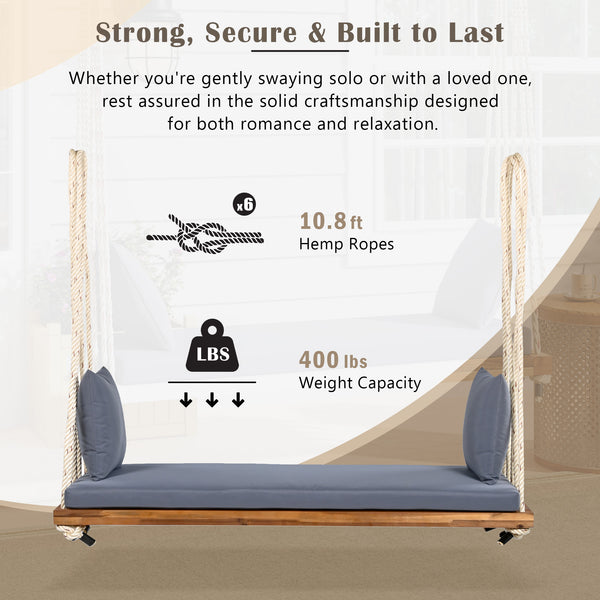 English Elm TOPMAX Acacia Wood Patio Swing Chair with Cushion & Pillows, 63" Comfortable Seat, 400lb Capacity Natural N717P210136N