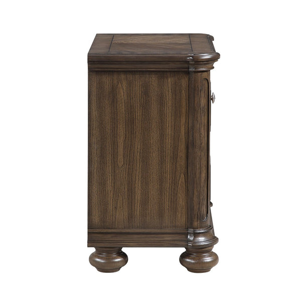 English Elm Traditional Oak Veneer Nightstand with Walnut Inlay Two Drawers Antique Nickel Bedroom B011P490016