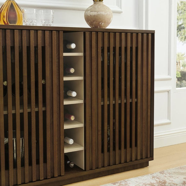 English Elm Mid Century Fluted Buffet Sideboard with Integrated Wine Rack and Glass Holder Storage Walnut W1801P454196