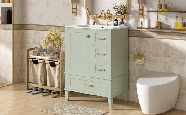 English Elm 24" Olive Bathroom Vanity Solid Wood Frame Ceramic Sink Gold Hardware Soft Close Green N729P373276F